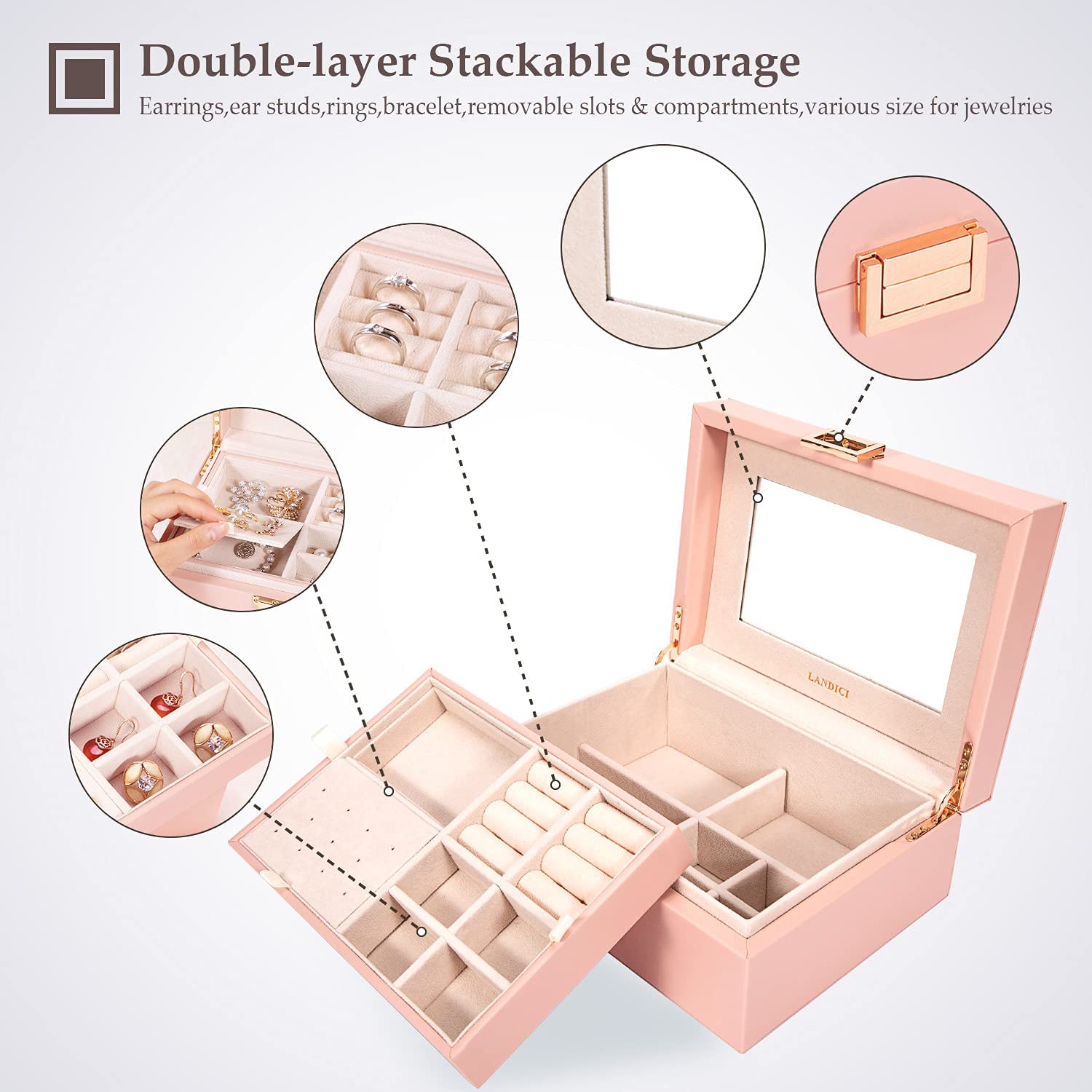 LANDICI Jewelry Organizer Box for Women Teen Girls,Large Jewelry Storage Case with Mirror,2 Layer Removable Stackable Tray,Leather Jewellery Display Holder for Ring Necklace Earring Bracelets,Grey - Image 3